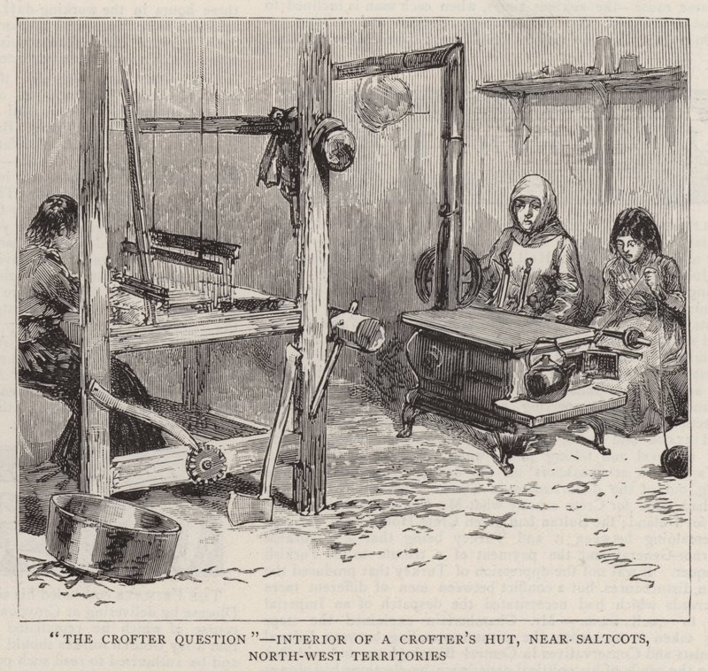 "La questione dei crofter", interno di una capanna di crofter, vicino a Saltcots, Territori del Nord-Ovest da English School
