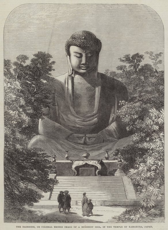 Il Daiboodh, o immagine colossale in bronzo di un idolo buddista, nel tempio di Kamakura, Giappone (incisione) da English School