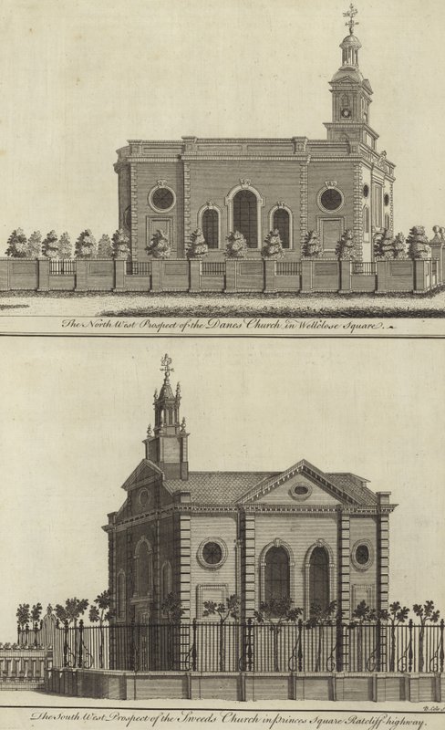 Chiesa dei Danesi in Wellclose Square e Chiesa degli Svedesi in Princes Square, Ratcliff Highway, Londra da English School