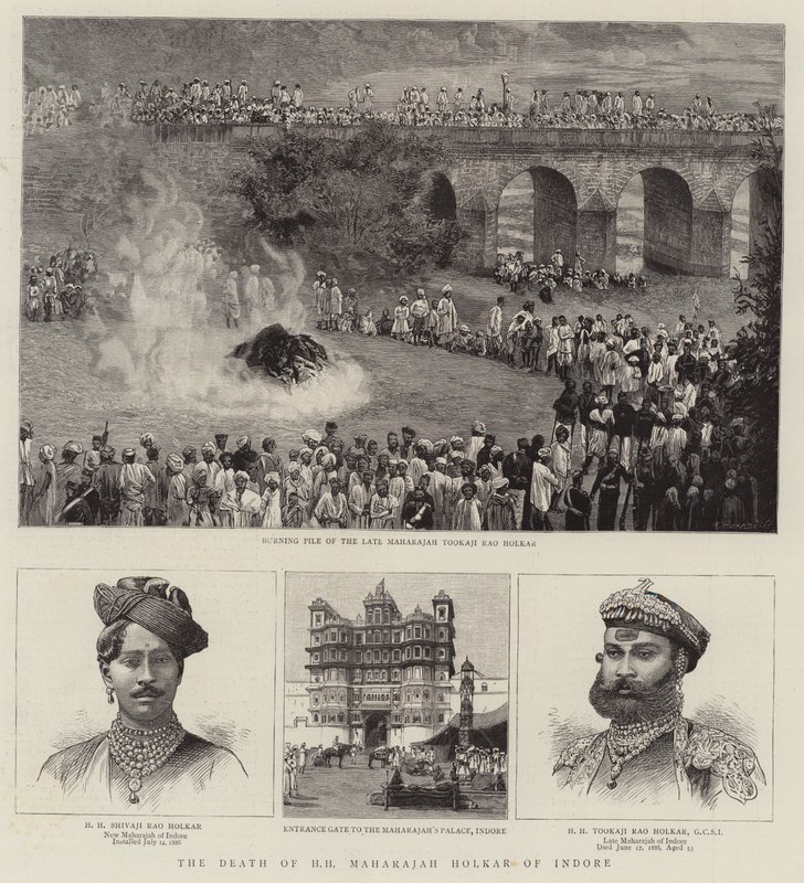 La morte di HH Maharajah Holkar di Indore (incisione) da English School