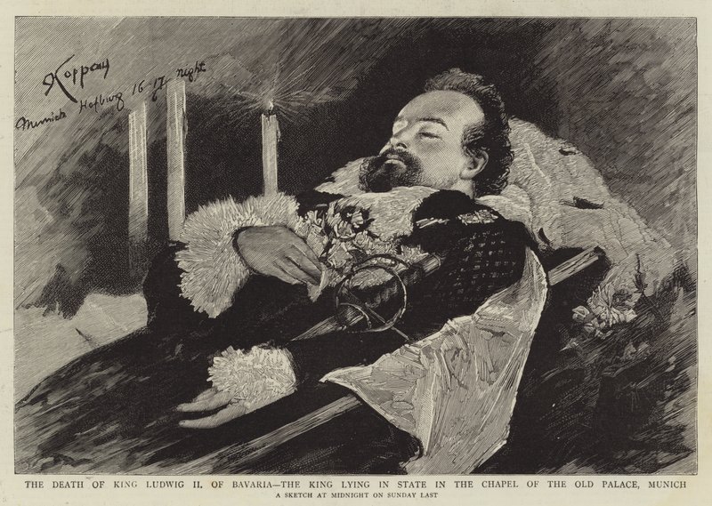 La morte del re Ludwig II di Baviera, il re giacente in stato nella cappella del vecchio palazzo, Monaco da English School