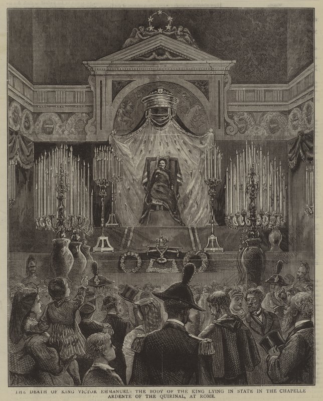 La morte del re Vittorio Emanuele, il corpo del re giace in stato nella Chapelle Ardente del Quirinale, a Roma da English School
