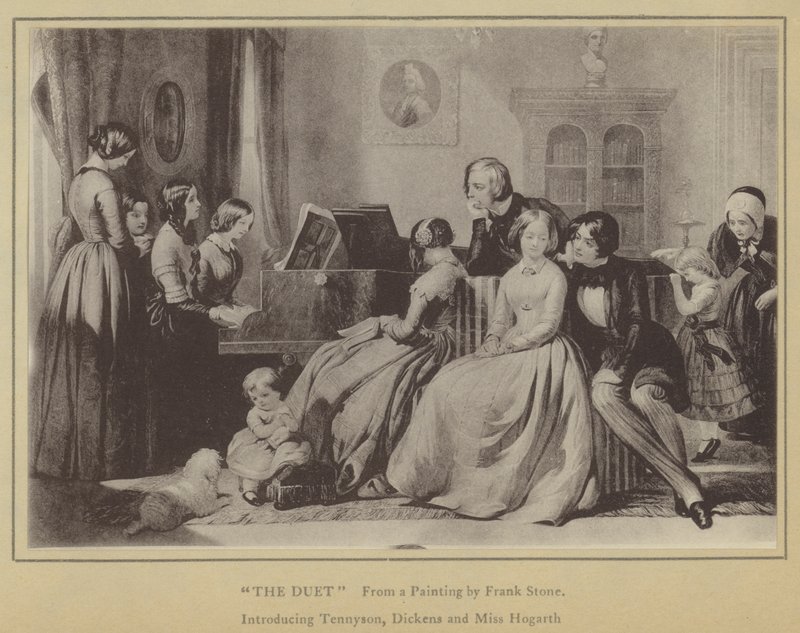 Il duetto, da un dipinto di Frank Stone, con Tennyson, Dickens e Miss Hogarth da English School