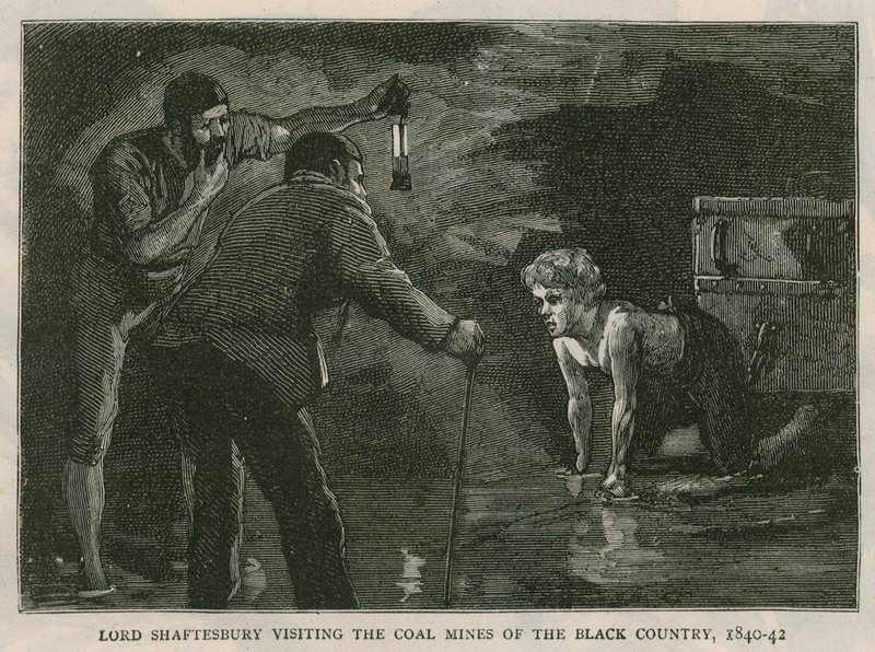 Il conte di Shaftesbury; visitando le miniere di carbone del Black Country, 1840-41; da The Graphic, 10 ottobre 1885 da English School