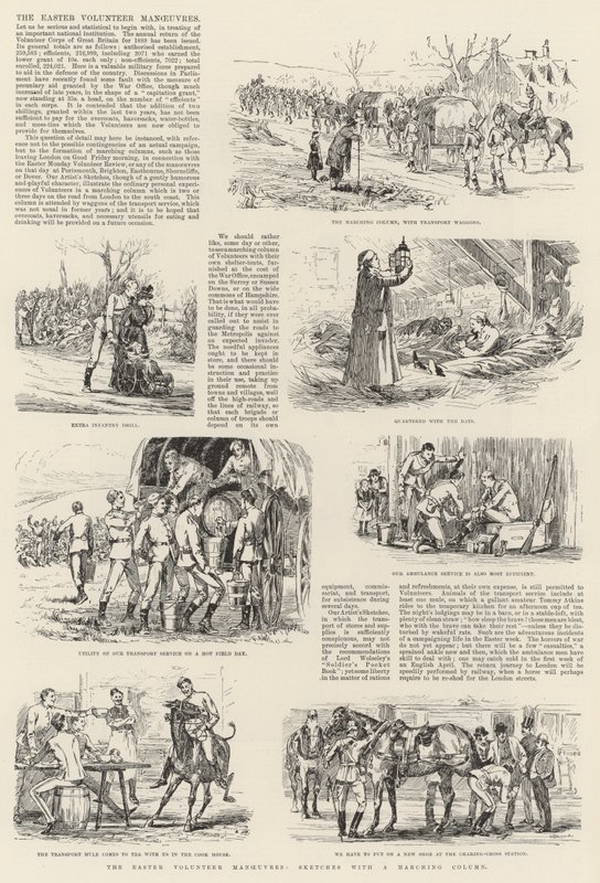 Le Manovre Volontarie di Pasqua, Schizzi con una Colonna in Marcia (incisione) da English School