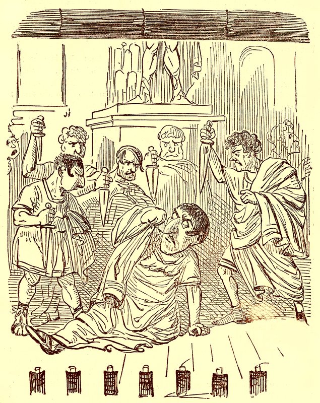 La fine di Giulio Cesare, illustrazione da La Storia Comica di Roma di Gilbert Abbott a Beckett, pubblicata c.1850 da English School