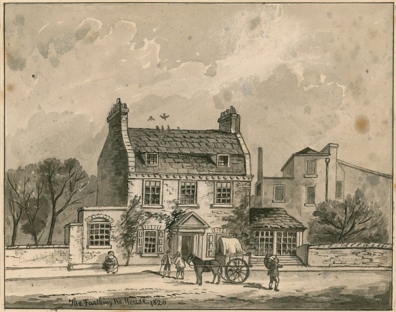 La Farthing Pie House, Londra, disegno originale datato 1820 da English School