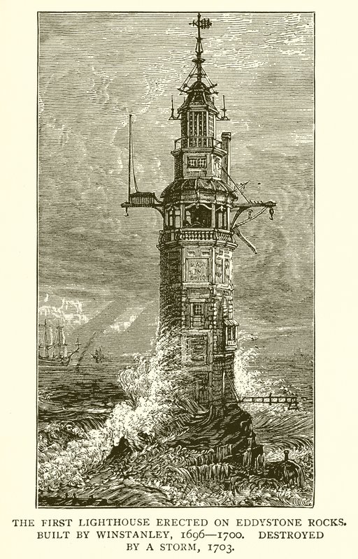 Il Primo Faro Eretto sugli Scogli di Eddystone. Costruito da Winstanley, 1696-1700, Distrutto da una Tempesta, 1703 da English School