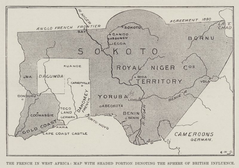 I francesi in Africa occidentale, mappa con la parte ombreggiata che denota la sfera di influenza britannica (litografia) da English School