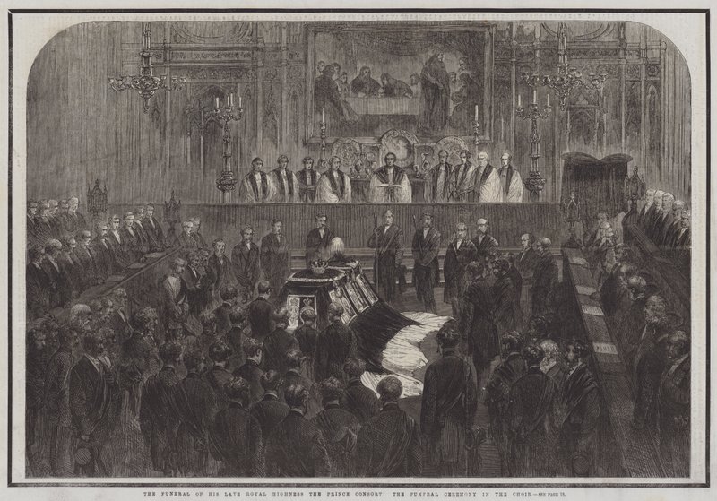 Il funerale del defunto principe consorte, la cerimonia funebre nel coro (incisione) da English School