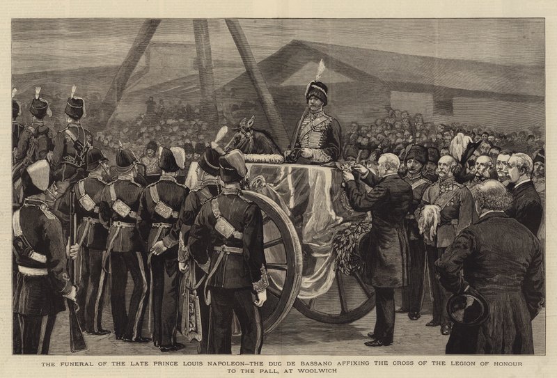 Il funerale del defunto principe Louis Napoleon, il duca di Bassano che affigge la Croce della Legion d