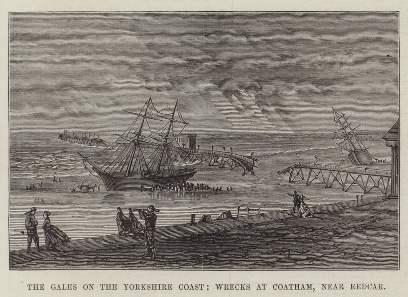 Le tempeste sulla costa dello Yorkshire, naufragi a Coatham, vicino a Redcar (incisione) da English School