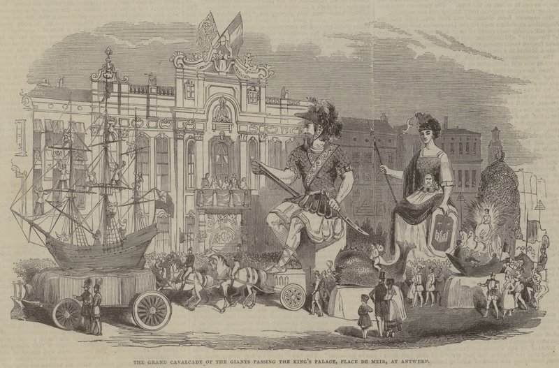 La grande cavalcata dei giganti che passa davanti al palazzo del re, Place de Meir, ad Anversa da English School