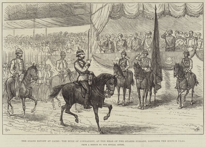 La grande parata al Cairo, il duca di Connaught alla testa della brigata delle guardie che saluta la bandiera britannica da English School