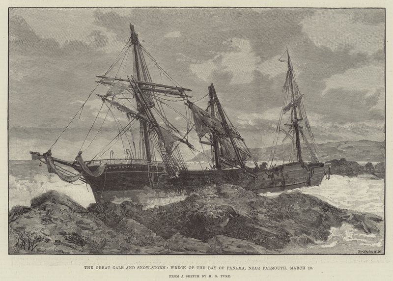 La grande tempesta di vento e neve, naufragio della Baia di Panama, vicino a Falmouth da English School