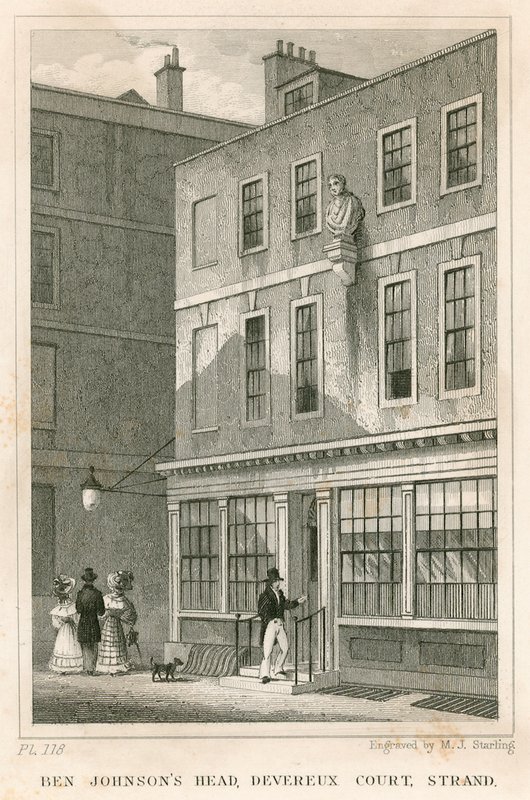 Grecian Coffee House, Devereux Court, Strand, con un busto di Ben Johnson da English School