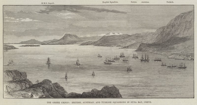 La crisi greca, squadroni britannici, austriaci e turchi nella baia di Suda, Creta da English School