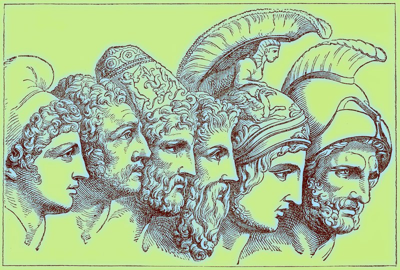 Gli Eroi della Guerra di Troia: Paride, Diomede, Ulisse, Nestore, Achille, Agamennone, illustrazione da La Storia Illustrata del Mondo, pubblicata c.1880 da English School