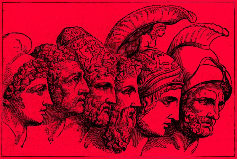Gli Eroi della Guerra di Troia: Paride, Diomede, Ulisse, Nestore, Achille, Agamennone, illustrazione da La Storia Illustrata del Mondo, pubblicata c.1880 da English School