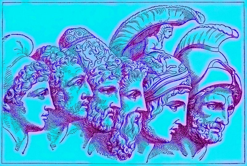 Gli Eroi della Guerra di Troia: Paride, Diomede, Ulisse, Nestore, Achille, Agamennone, illustrazione da La Storia Illustrata del Mondo, pubblicata c.1880 da English School