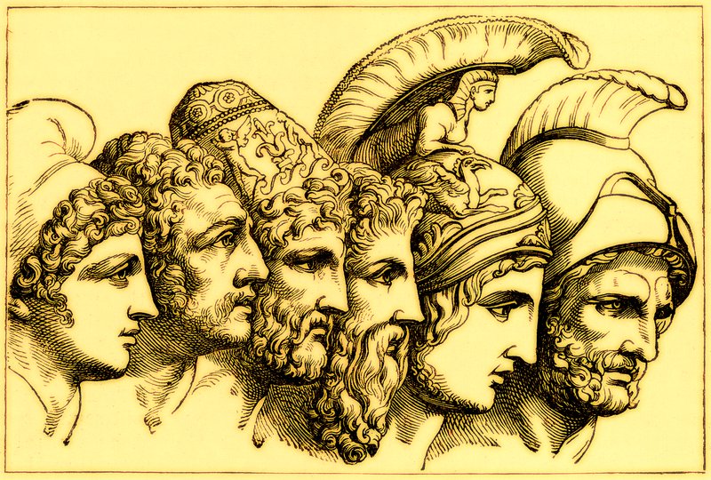 Gli Eroi della Guerra di Troia: Paride, Diomede, Ulisse, Nestore, Achille, Agamennone, illustrazione da La Storia Illustrata del Mondo, pubblicata c.1880 da English School