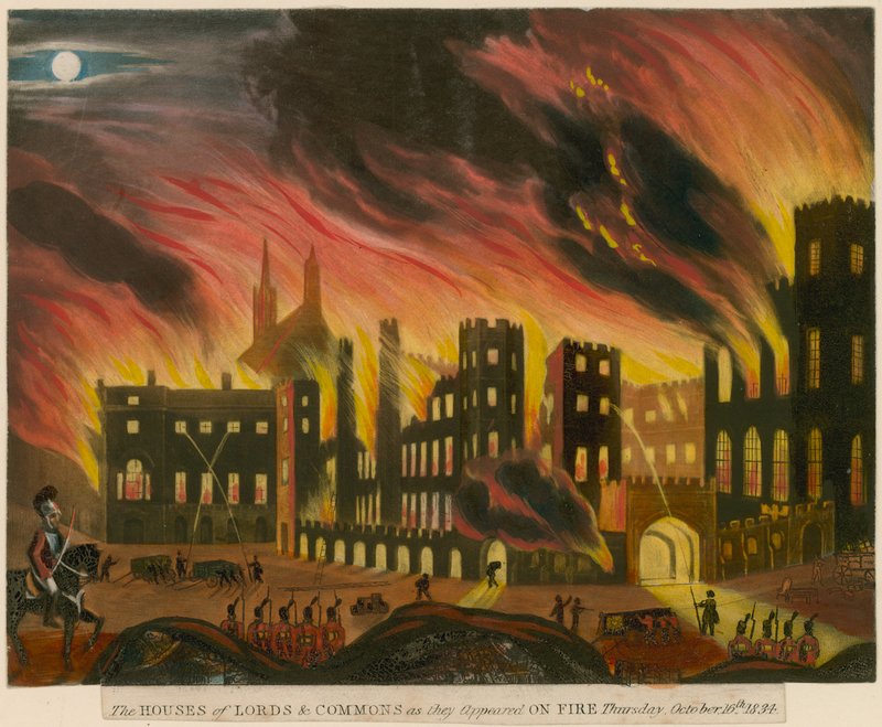 Le Case dei Lord e dei Comuni come apparivano in fiamme, 16 ottobre 1834 da English School