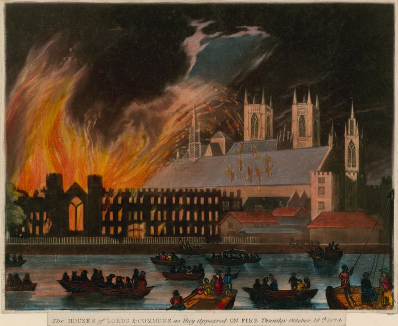 Le Case dei Lord e dei Comuni come apparivano in fiamme, 16 ottobre 1834 da English School