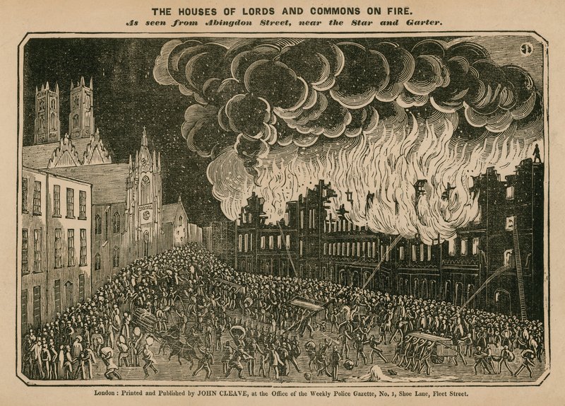 Le Case dei Lord e dei Comuni in fiamme da English School