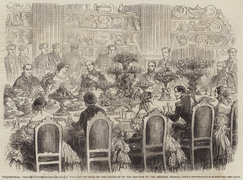 La tavola imperiale al banchetto offerto dalla città di Parigi in occasione del battesimo del Principe Imperiale (incisione) da English School