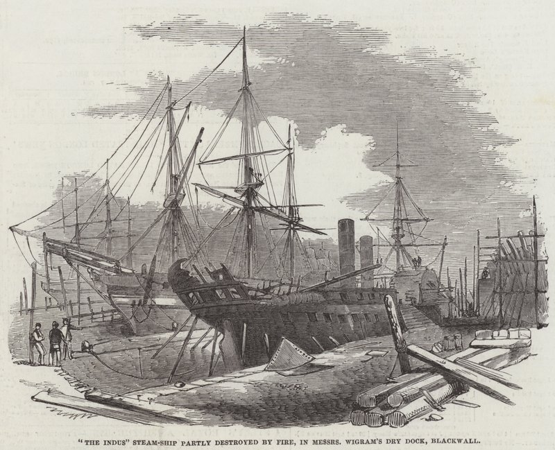 La nave a vapore "The Indus" parzialmente distrutta dal fuoco, nel bacino di carenaggio di Messers Wigram, Blackwall da English School