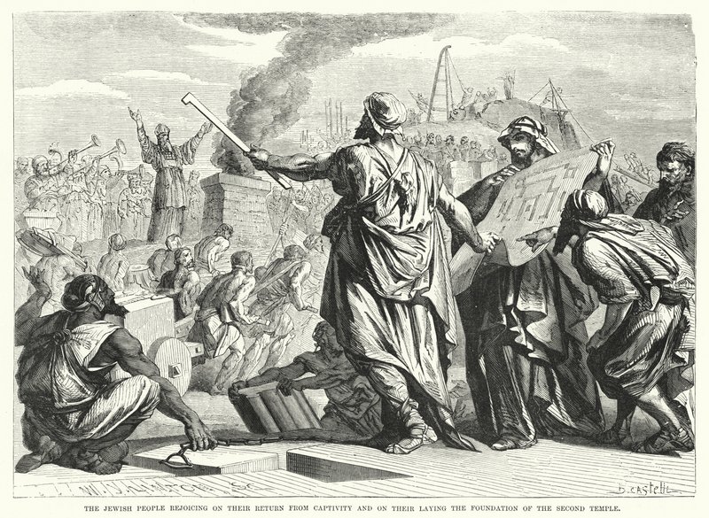 Il popolo ebraico che gioisce al ritorno dalla cattività e alla posa delle fondamenta del Secondo Tempio (incisione) da English School