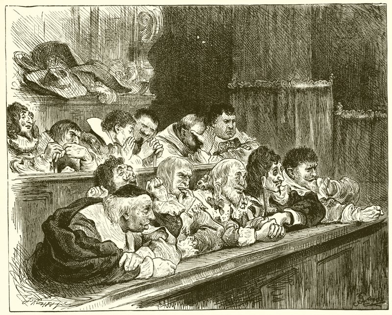 La giuria. Signor Cieco, Signor Malizia, Signor Amore Lussuria, Signor Vivere Sciolto, Signor Testardo, Signor Altezzoso, Signor Inimicizia, Signor Bugiardo, Signor Crudeltà, Signor Odio Luce, Signor Implacabile da English School