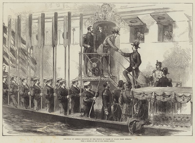 Il re di Grecia ricevuto dal Principe di Galles a bordo della HMS Serapis da English School