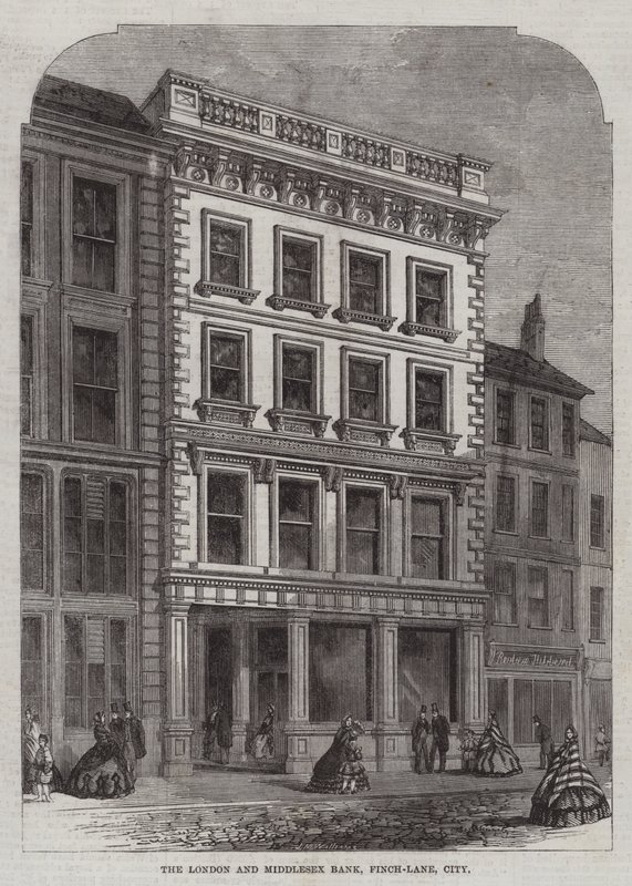 La Banca di Londra e Middlesex, Finch-Lane, City (incisione) da English School