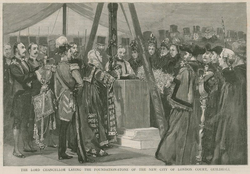 Il Lord Cancelliere che posa la prima pietra del nuovo Tribunale della Città di Londra, Guildhall da English School