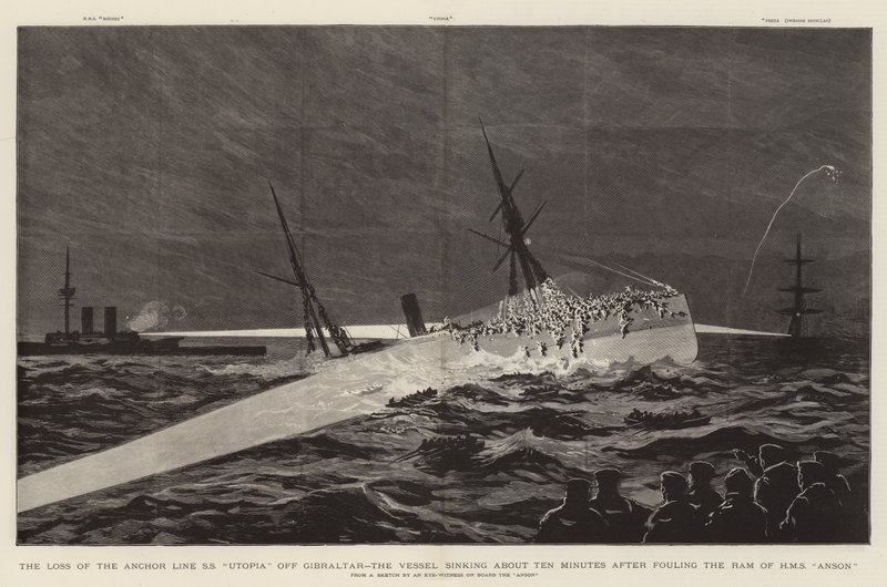 La perdita della SS "Utopia" della Anchor Line al largo di Gibilterra, la nave affonda circa dieci minuti dopo aver urtato il Ram della HMS "Anson" da English School
