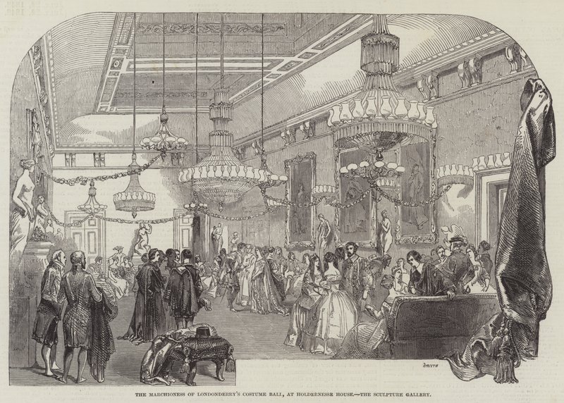 Il ballo in costume della Marchesa di Londonderry, a Holdernesse House, la galleria delle sculture (incisione) da English School