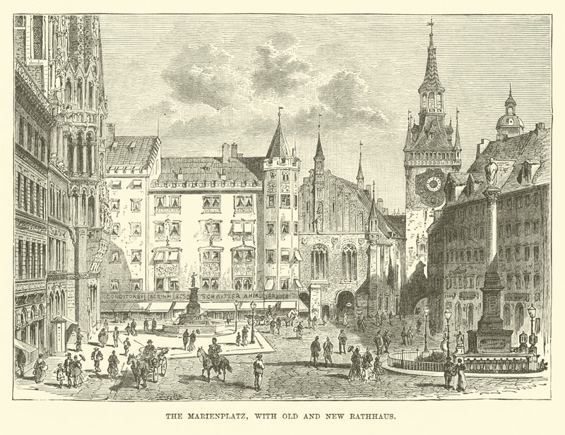 La Marienplatz, con il vecchio e nuovo Rathaus da English School