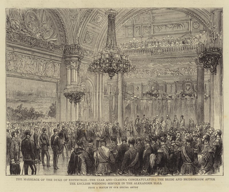 Il matrimonio del Duca di Edimburgo, lo Zar e la Zarina congratulano la sposa e lo sposo dopo il servizio nuziale inglese nella Sala Alessandro da English School