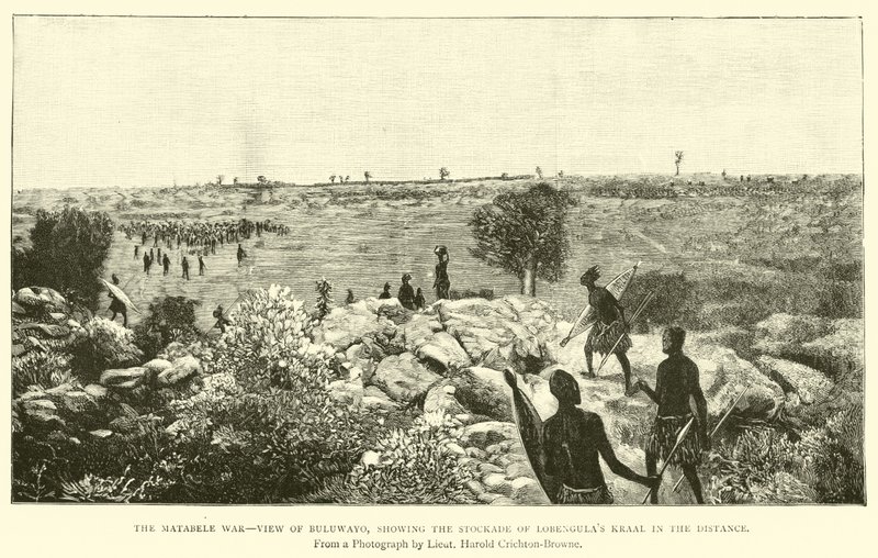 La guerra dei Matabele, vista di Buluwayo, con la palizzata del kraal di Lobengula in lontananza da English School