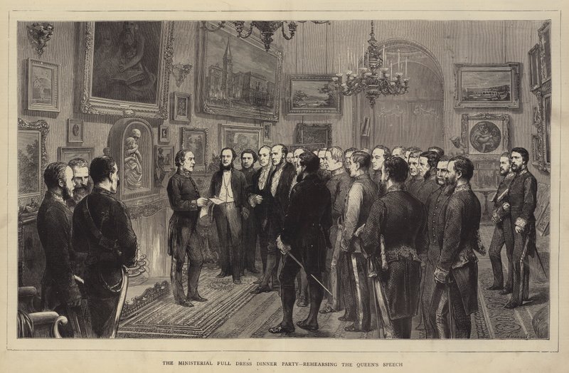 Cena di Gala Ministeriale, prova del Discorso della Regina (incisione) da English School