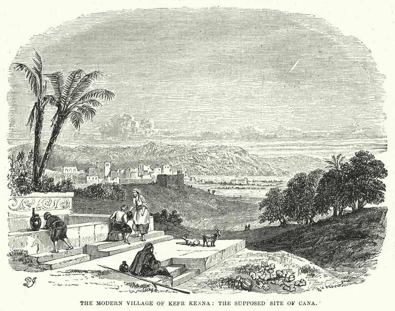 Il moderno villaggio di Kefr Kenna, il presunto sito di Cana (incisione) da English School