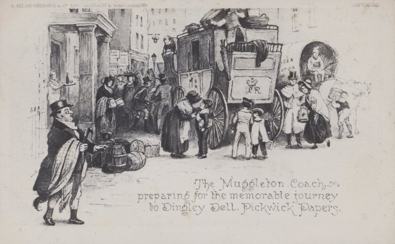 Il carro di Muggleton, preparandosi per il memorabile viaggio a Dingley Dell, Pickwick Papers (foto in b/n) da English School