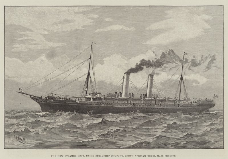 Il nuovo piroscafo Scot, Union Steamship Company, servizio postale reale sudafricano da English School