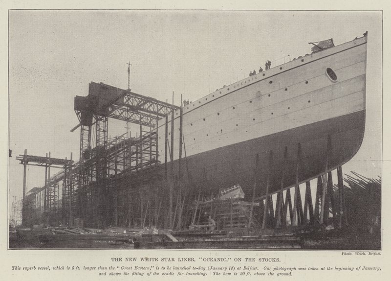 Il nuovo transatlantico della White Star, "Oceanic," sugli scali (incisione) da English School