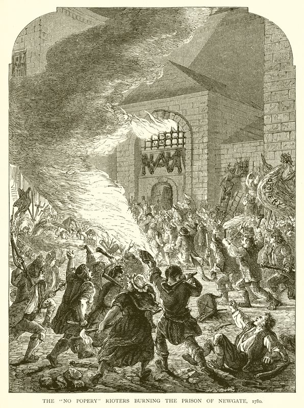 I rivoltosi anti-cattolici incendiano la prigione di Newgate, 1780 da English School