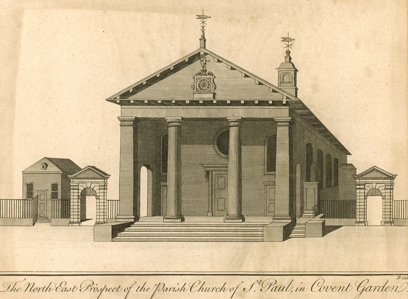 La prospettiva nord-est della chiesa parrocchiale di St Paul a Covent Garden, Londra da English School