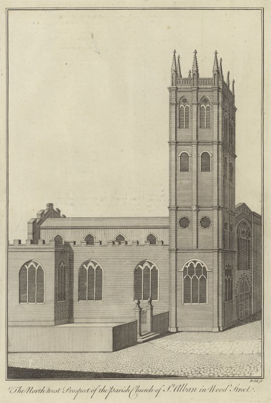 Prospetto nord-ovest della Chiesa parrocchiale di St Alban in Wood Street, Londra da English School