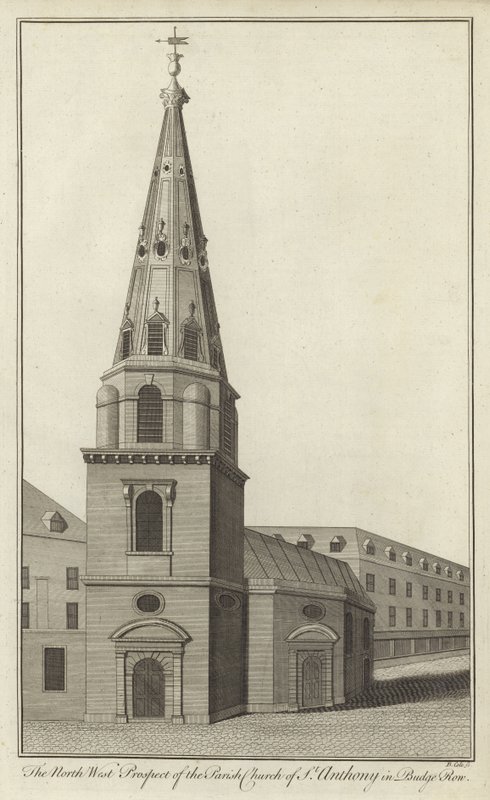 Prospetto nord-ovest della Chiesa parrocchiale di St Anthony in Budge Row, Londra da English School