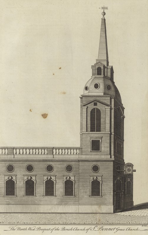 Prospetto nord-ovest della Chiesa parrocchiale di St Benet Gracechurch, Londra da English School